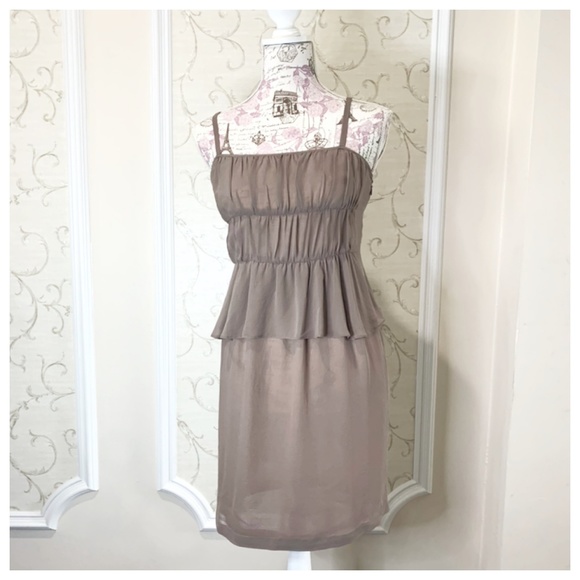 Anthropologie Taupe Tiered Silk Peplum Dress 2 - Picture 2 of 4